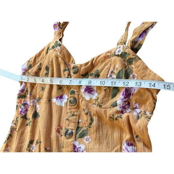 American Eagle Women's Babydoll Sundress Mustard Yellow Floral Smocked Back Cott - Picture 5 of 9